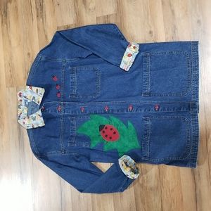 LACEY J DESIGNS Custom Upcycled Embroidered Ladybug Jean Jacket - Large Pockets